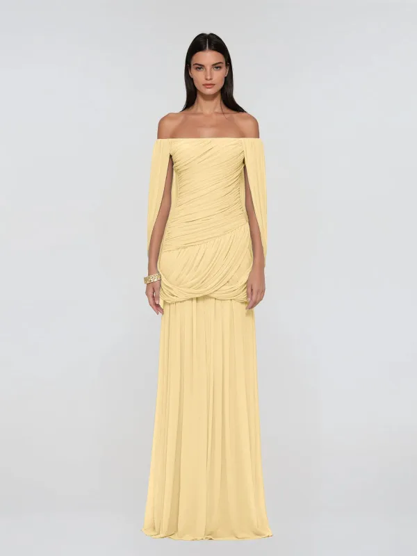 Zoryrin Off Shoulder Mesh Ruched Maxi Dress In Yellow made by Mew Mews