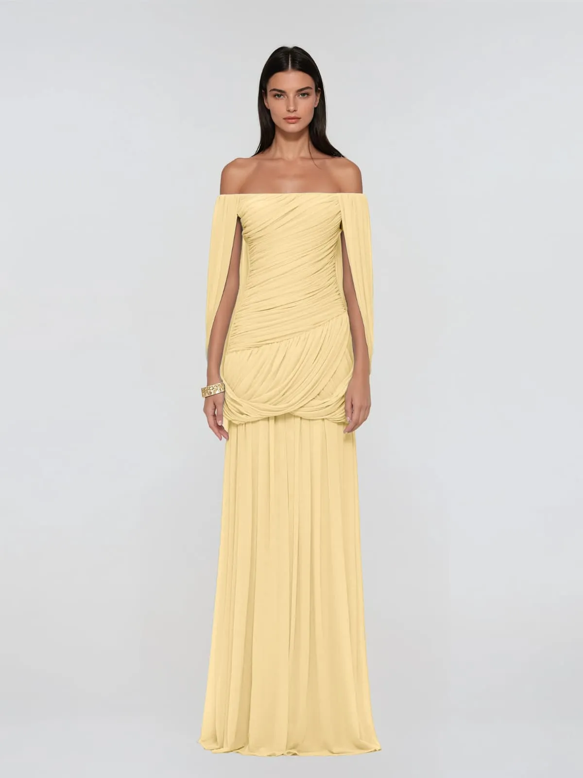 Zoryrin Off Shoulder Mesh Ruched Maxi Dress In Yellow sold by Mew Mews