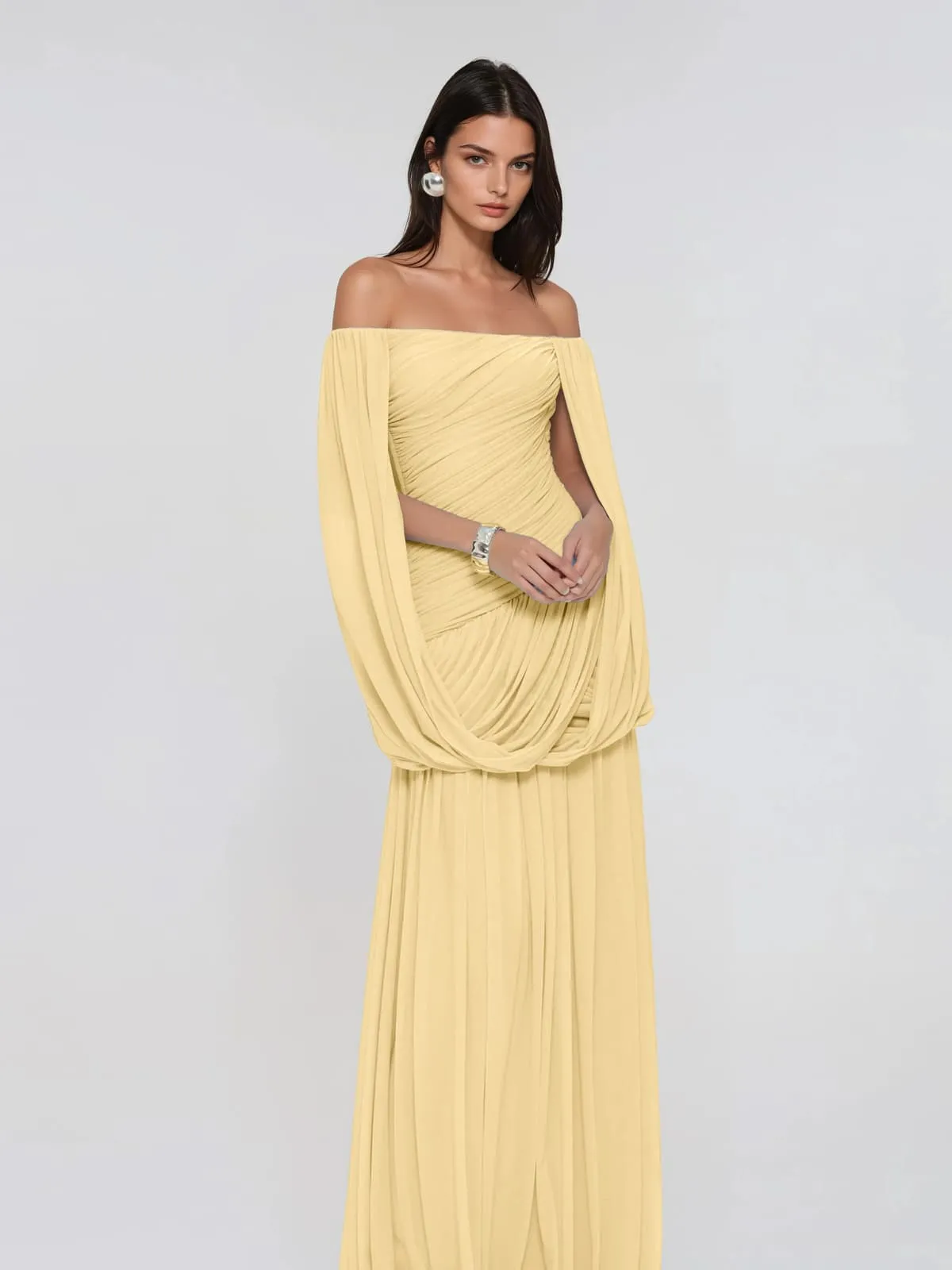 Zoryrin Off Shoulder Mesh Ruched Maxi Dress In Yellow sold by Mew Mews product image thumbnail 3