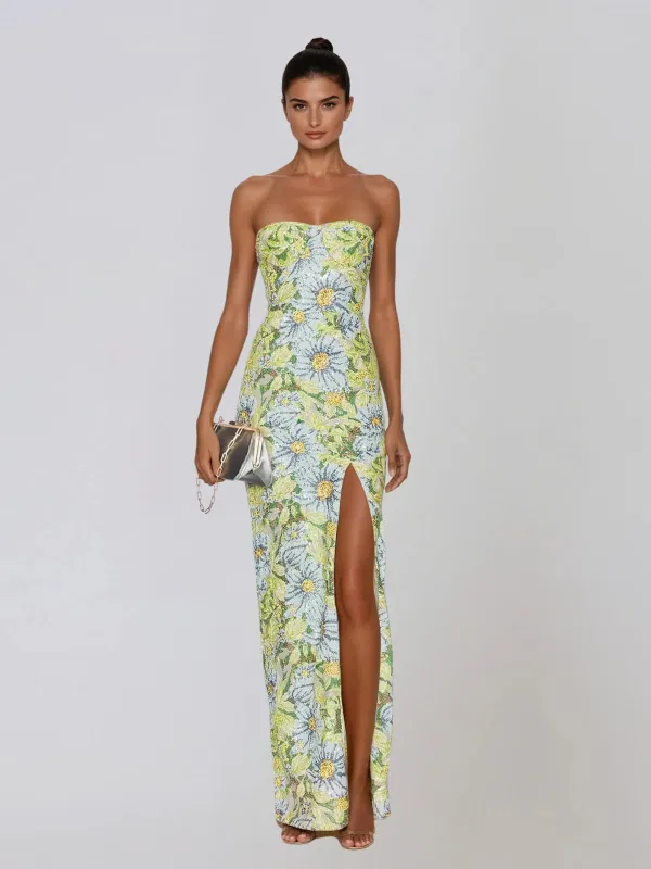 Amser Strapless Flower Split Maxi Dress made by Mew Mews