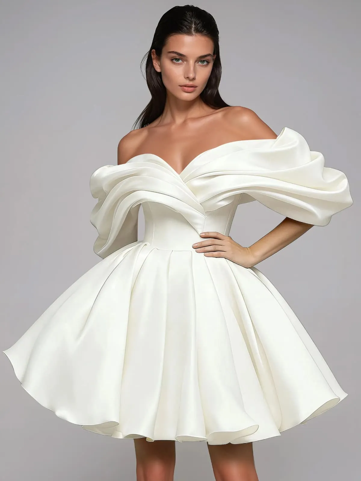 Torex Off Shoulder Ruched Flared Mini Dress In White sold by Mew Mews product image thumbnail 4