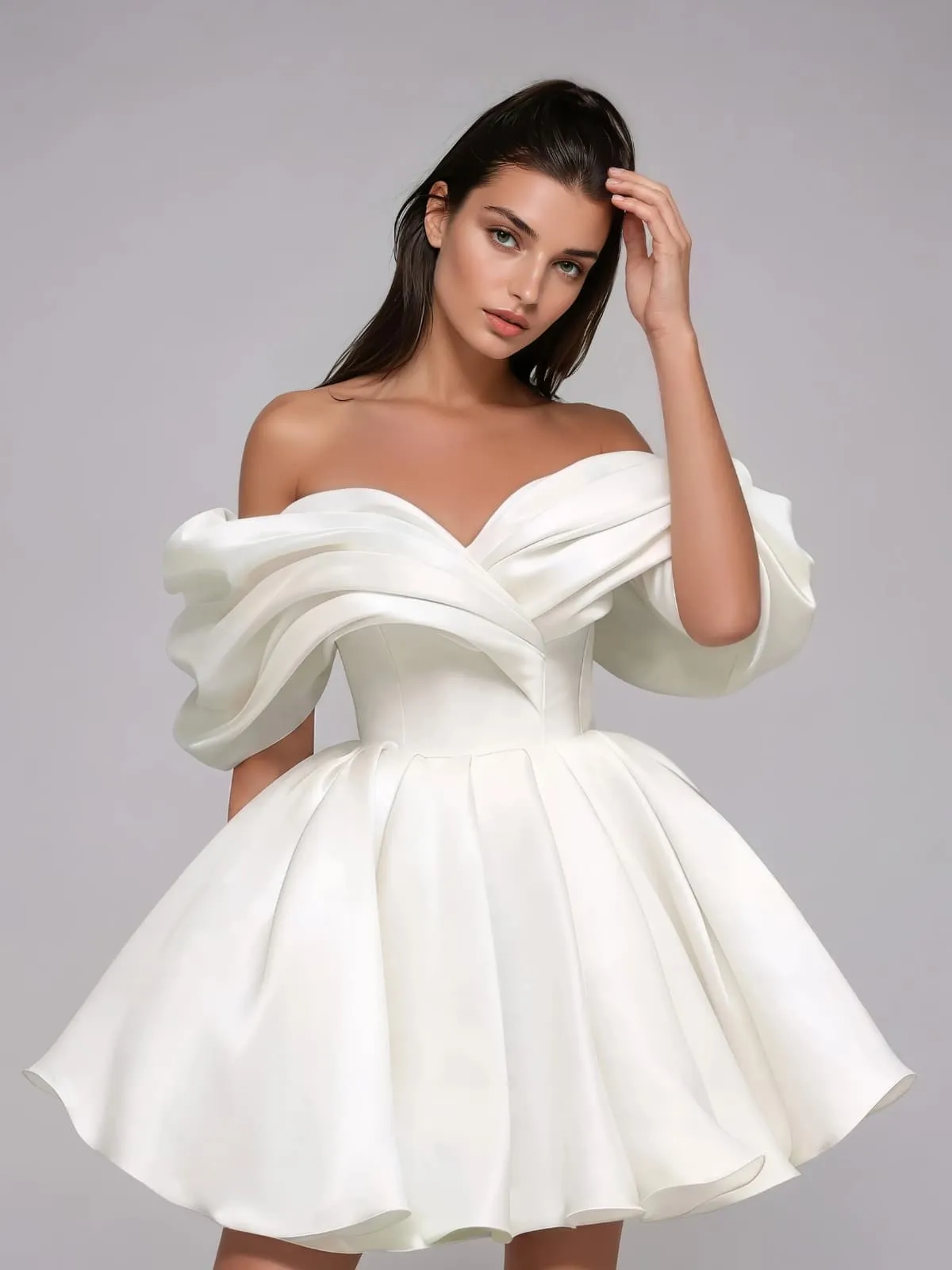 Torex Off Shoulder Ruched Flared Mini Dress In White sold by Mew Mews product image thumbnail 2