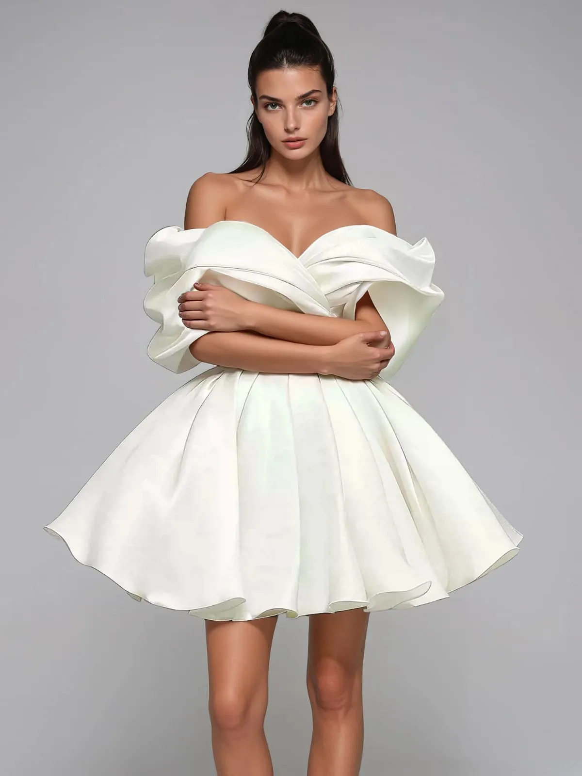Torex Off Shoulder Ruched Flared Mini Dress In White sold by Mew Mews product image thumbnail 3