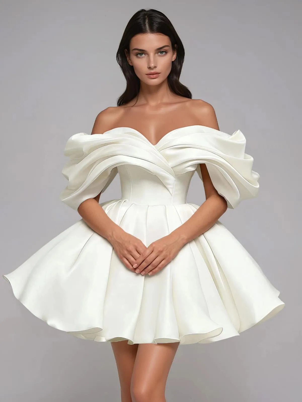 Torex Off Shoulder Ruched Flared Mini Dress In White sold by Mew Mews