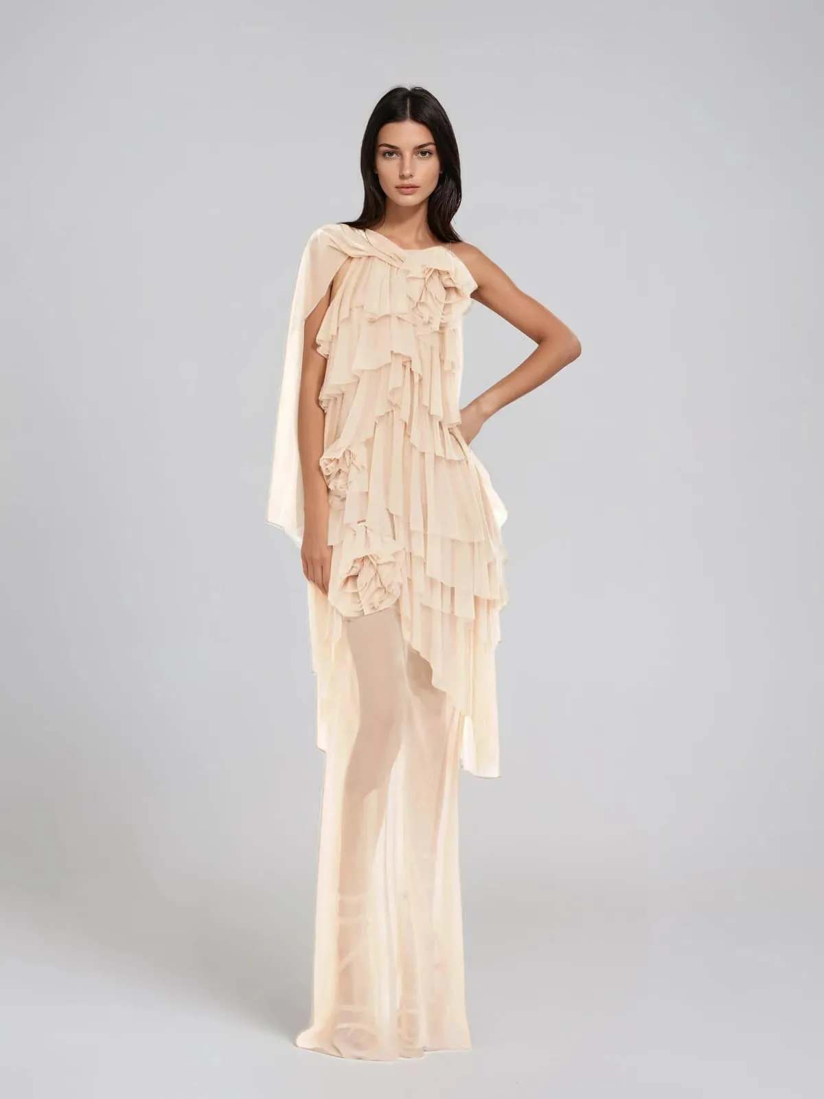 Marnix Flower Mesh Ruffle Maxi Dress sold by Mew Mews