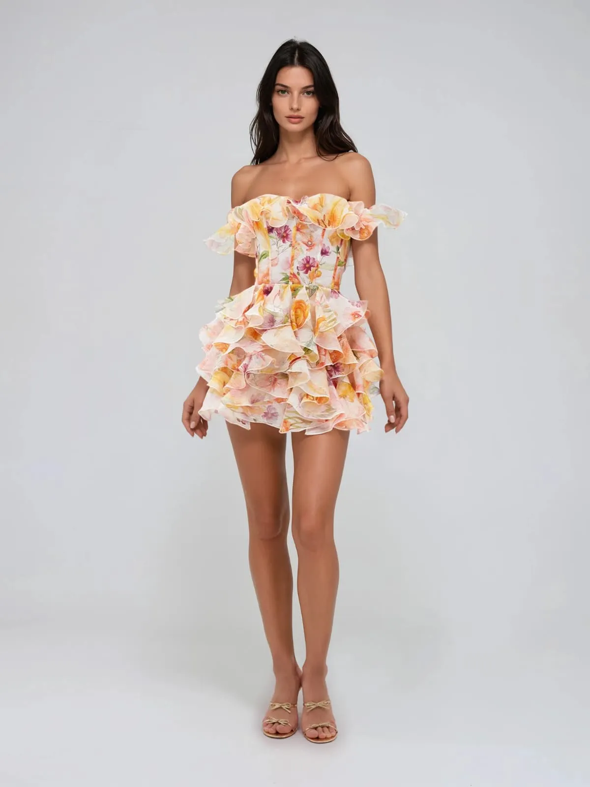 Ivaron Off Shoulder Floral Ruffle Mini Dress sold by Mew Mews