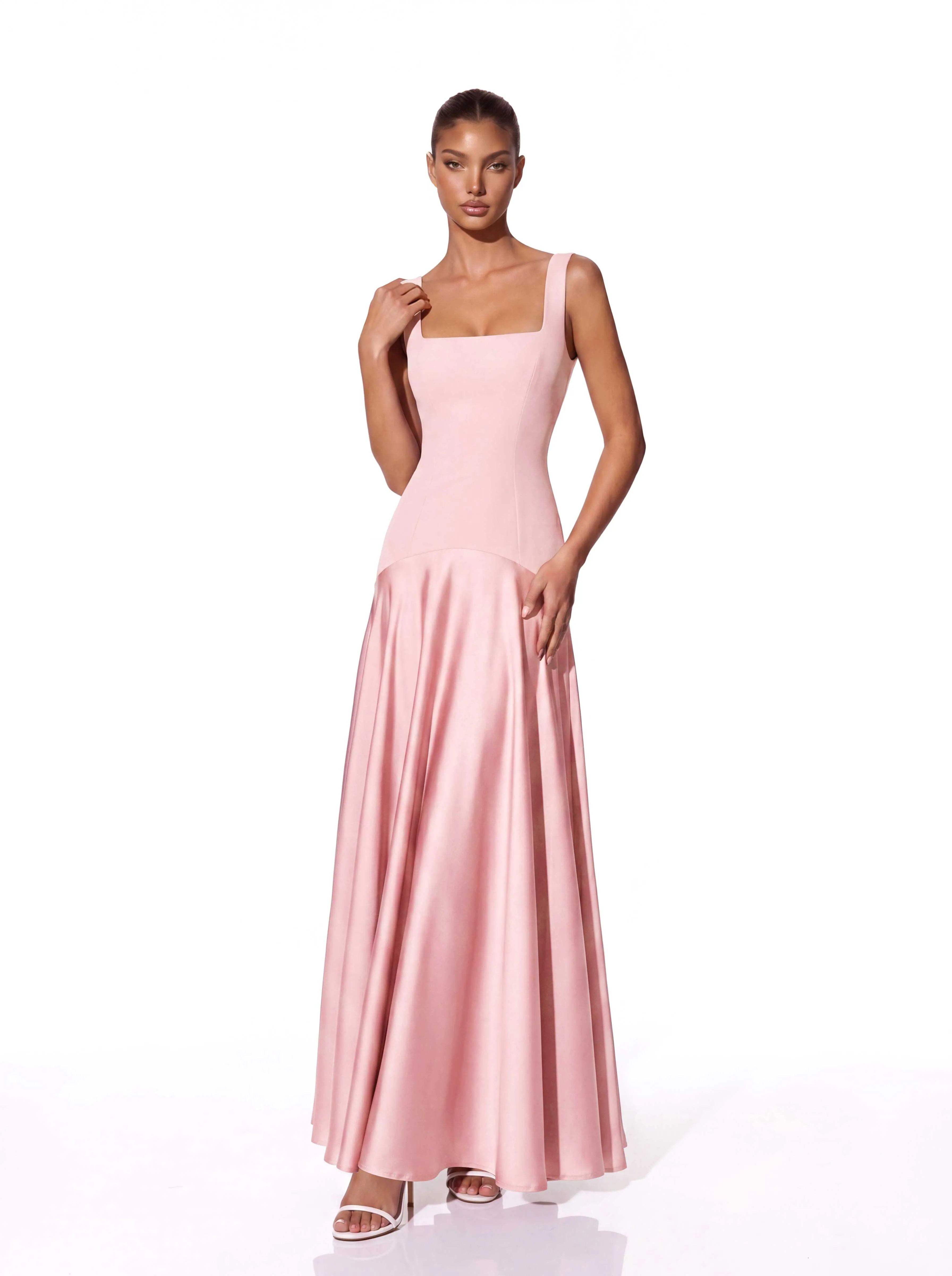 Jovyna Sleeveless Flared Maxi Dress In Blush sold by Mew Mews
