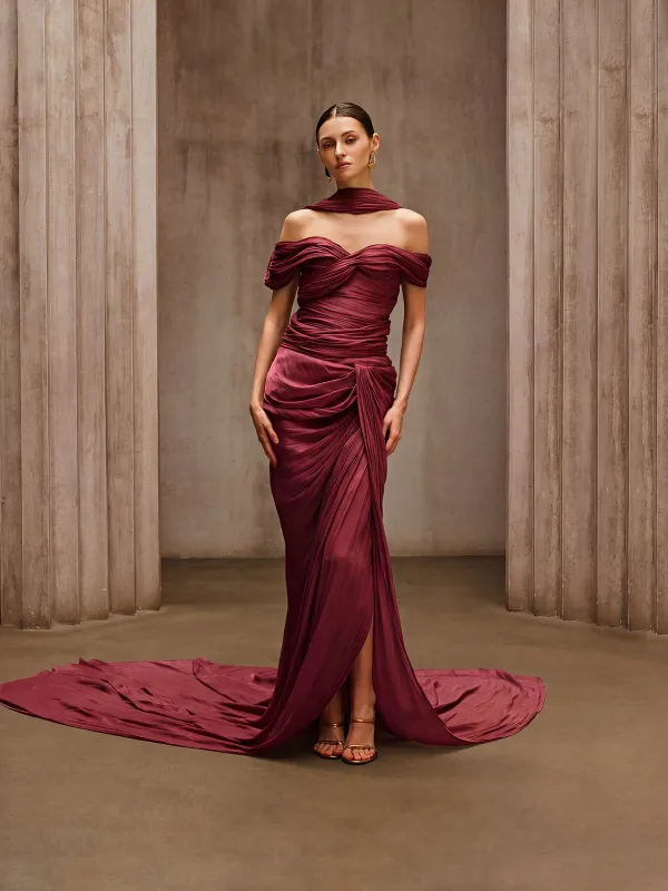 Drexen Off Shoulder Draped Maxi Dress In Wine made by Mew Mews