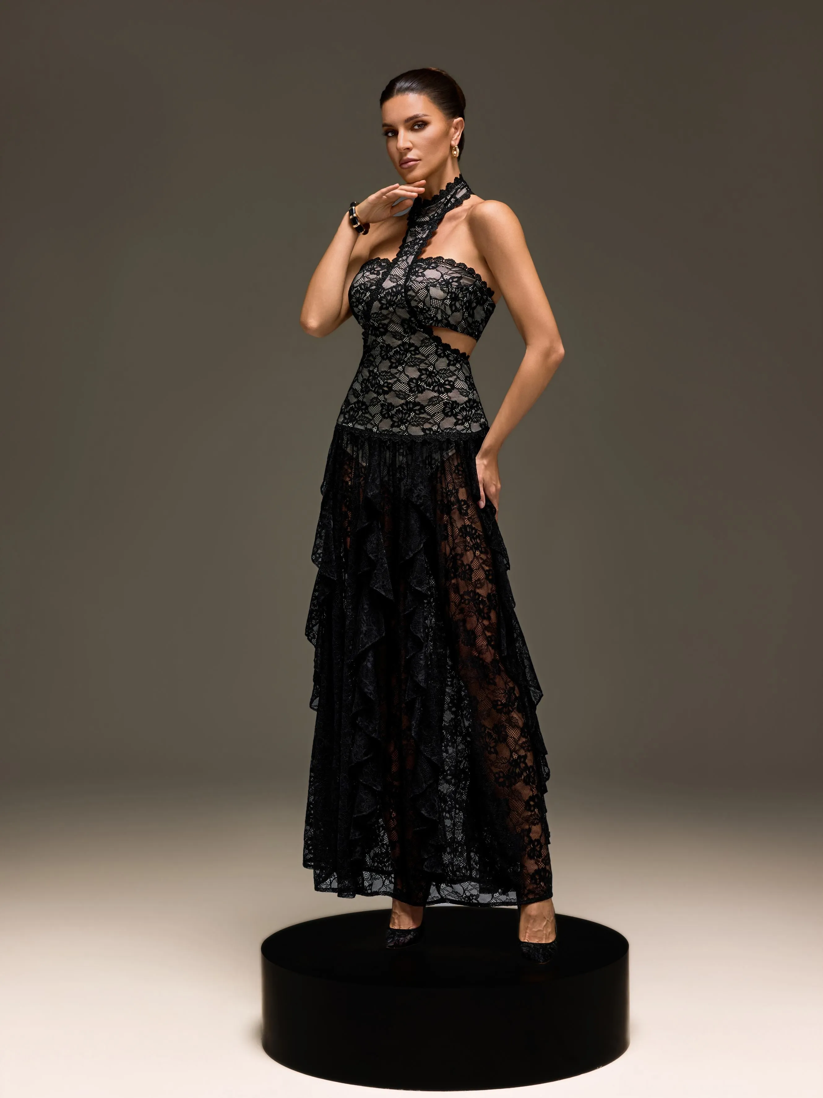 Gavelyn Halterneck Cutout Lace Maxi Dress In Black sold by Mew Mews product image thumbnail 4