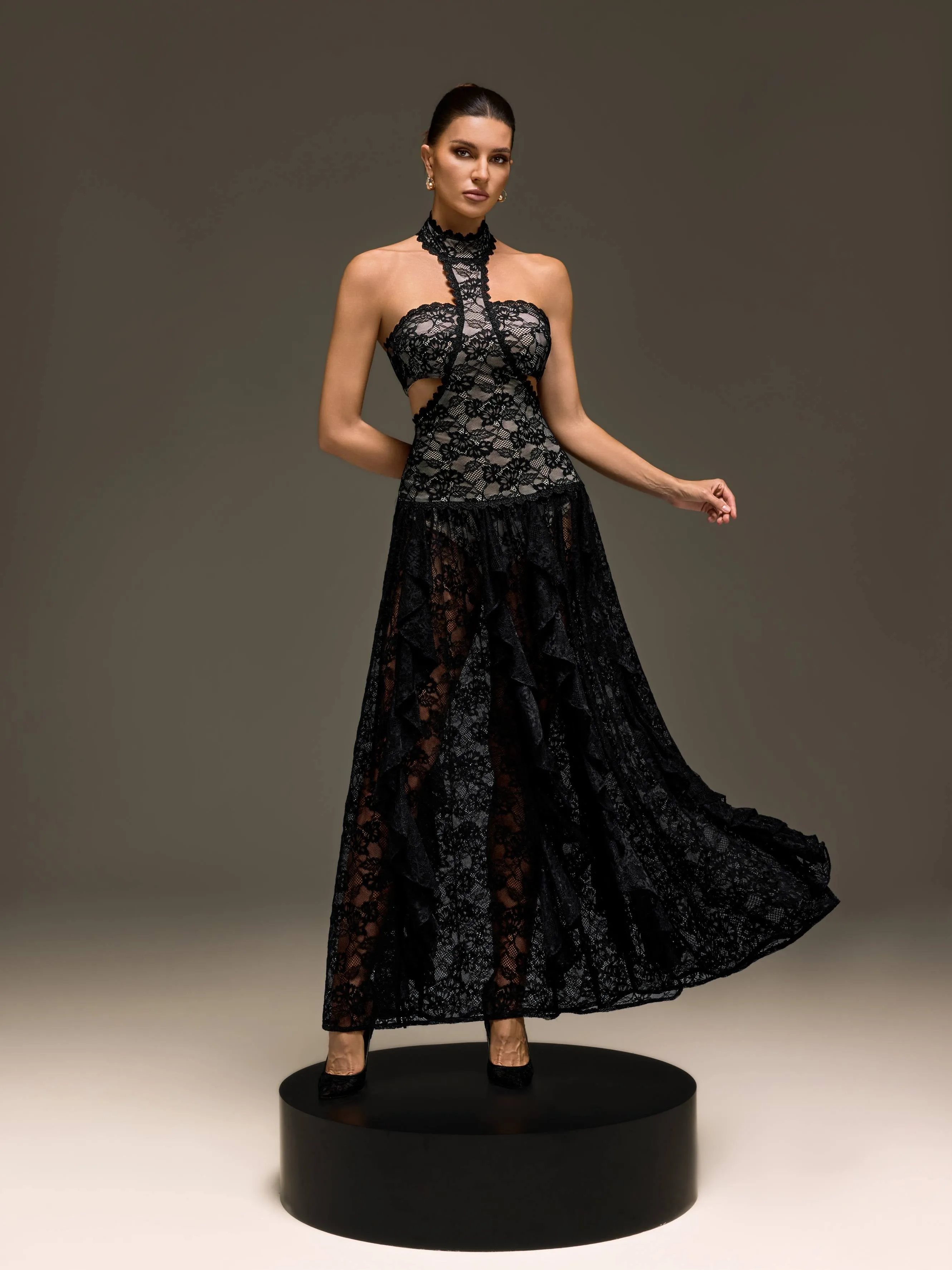 Gavelyn Halterneck Cutout Lace Maxi Dress In Black sold by Mew Mews product image thumbnail 2