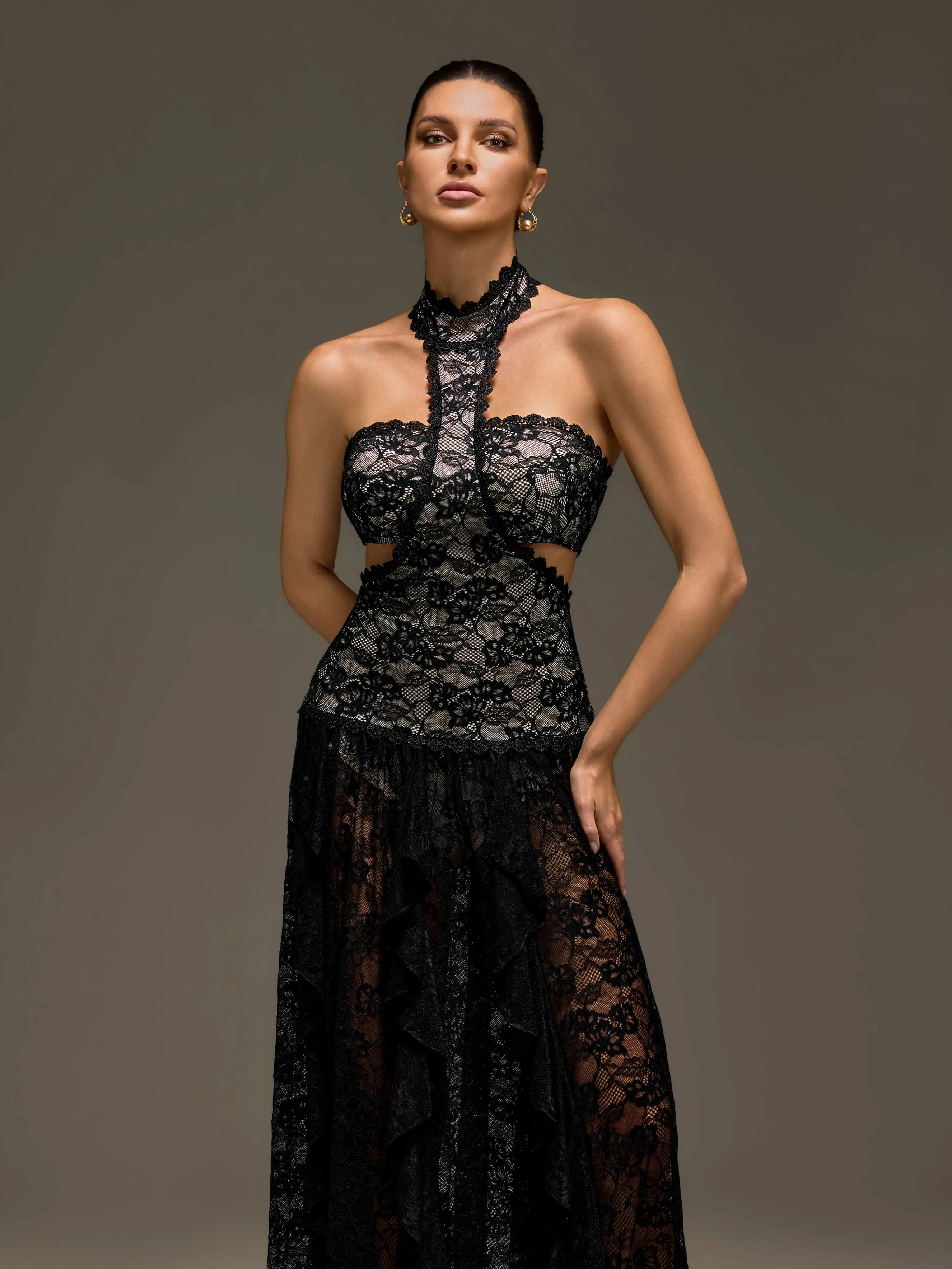 Gavelyn Halterneck Cutout Lace Maxi Dress In Black sold by Mew Mews product image thumbnail 5