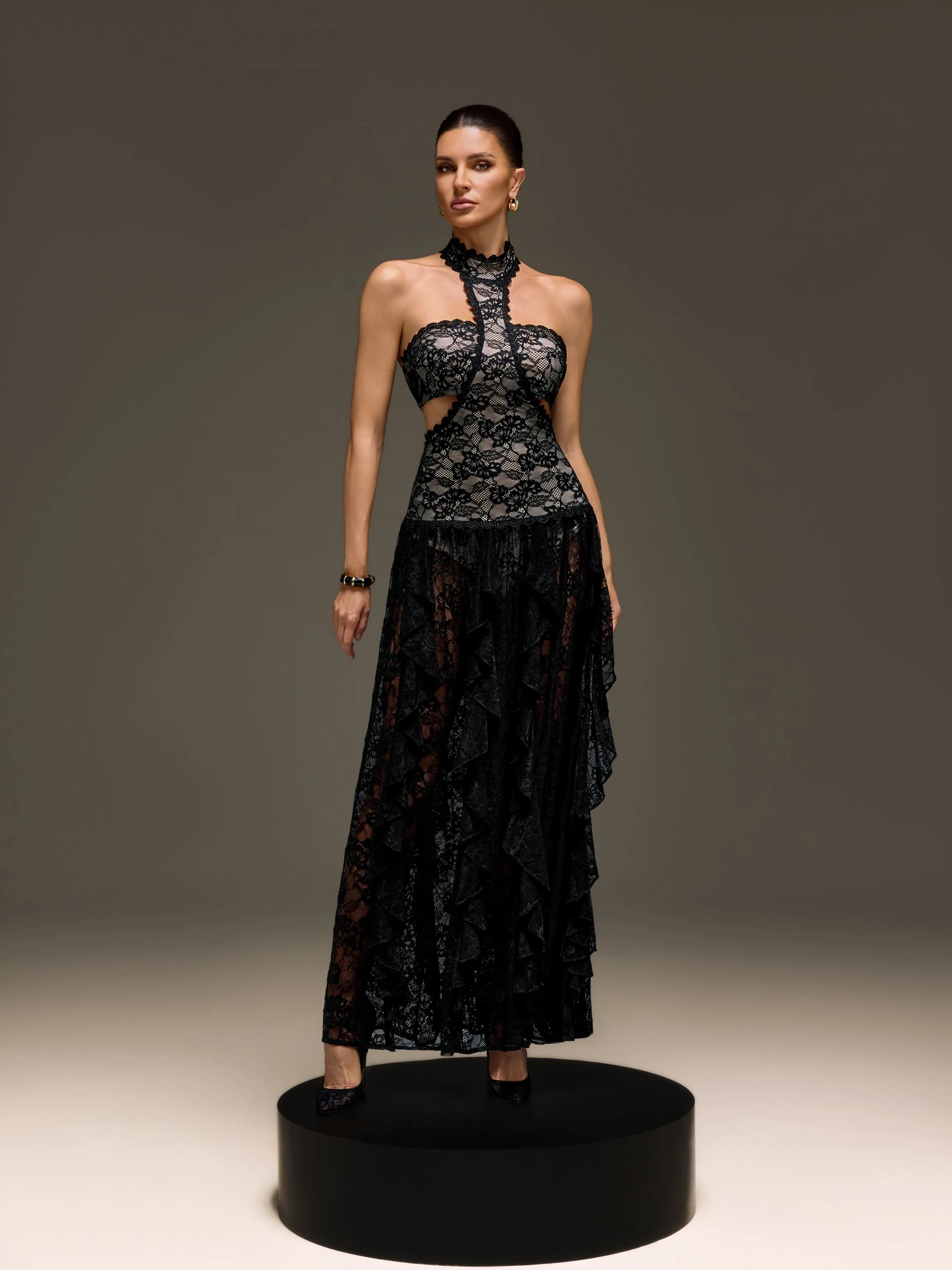 Gavelyn Halterneck Cutout Lace Maxi Dress In Black sold by Mew Mews product image thumbnail 3