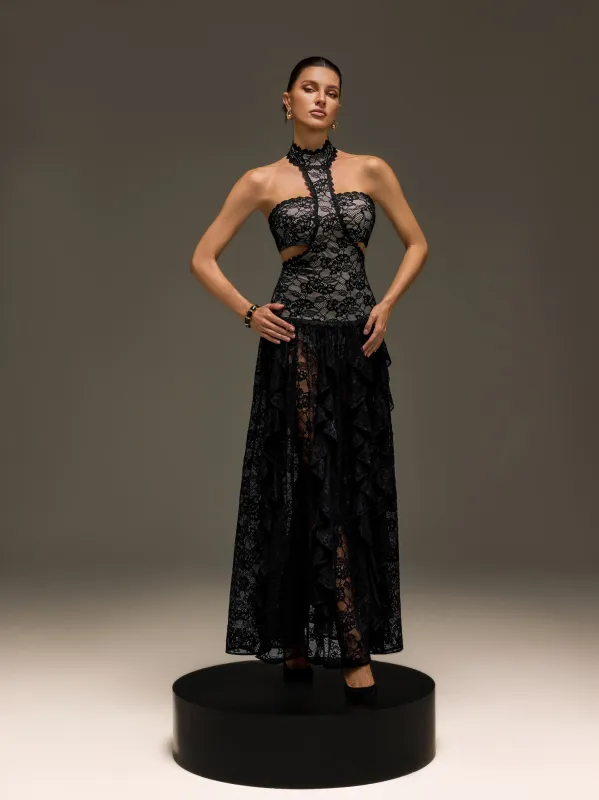 Gavelyn Halterneck Cutout Lace Maxi Dress In Black made by Mew Mews