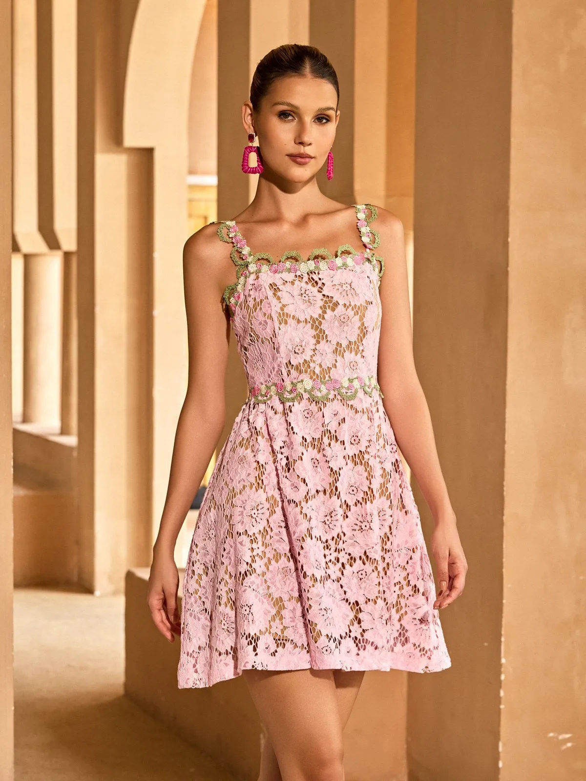 Tavon Flower Embroidered Mini Dress In Pink sold by Mew Mews