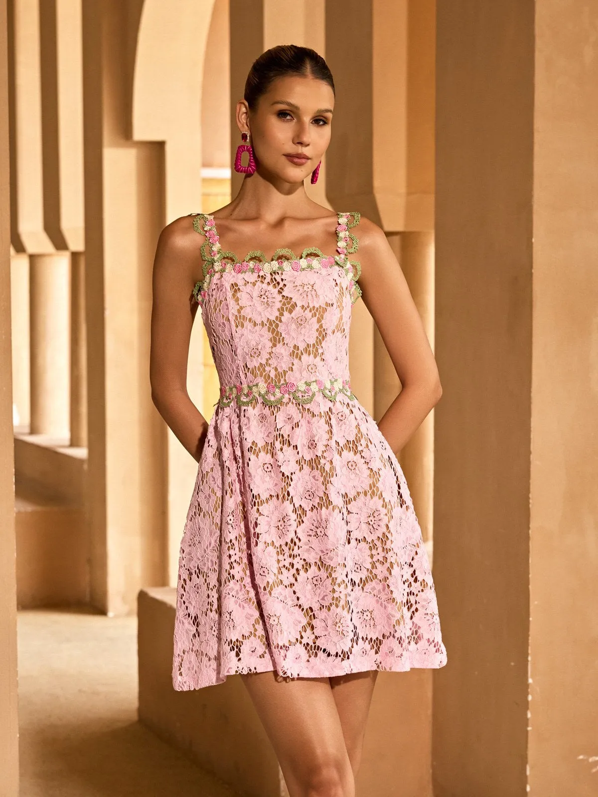 Tavon Flower Embroidered Mini Dress In Pink sold by Mew Mews product image thumbnail 4