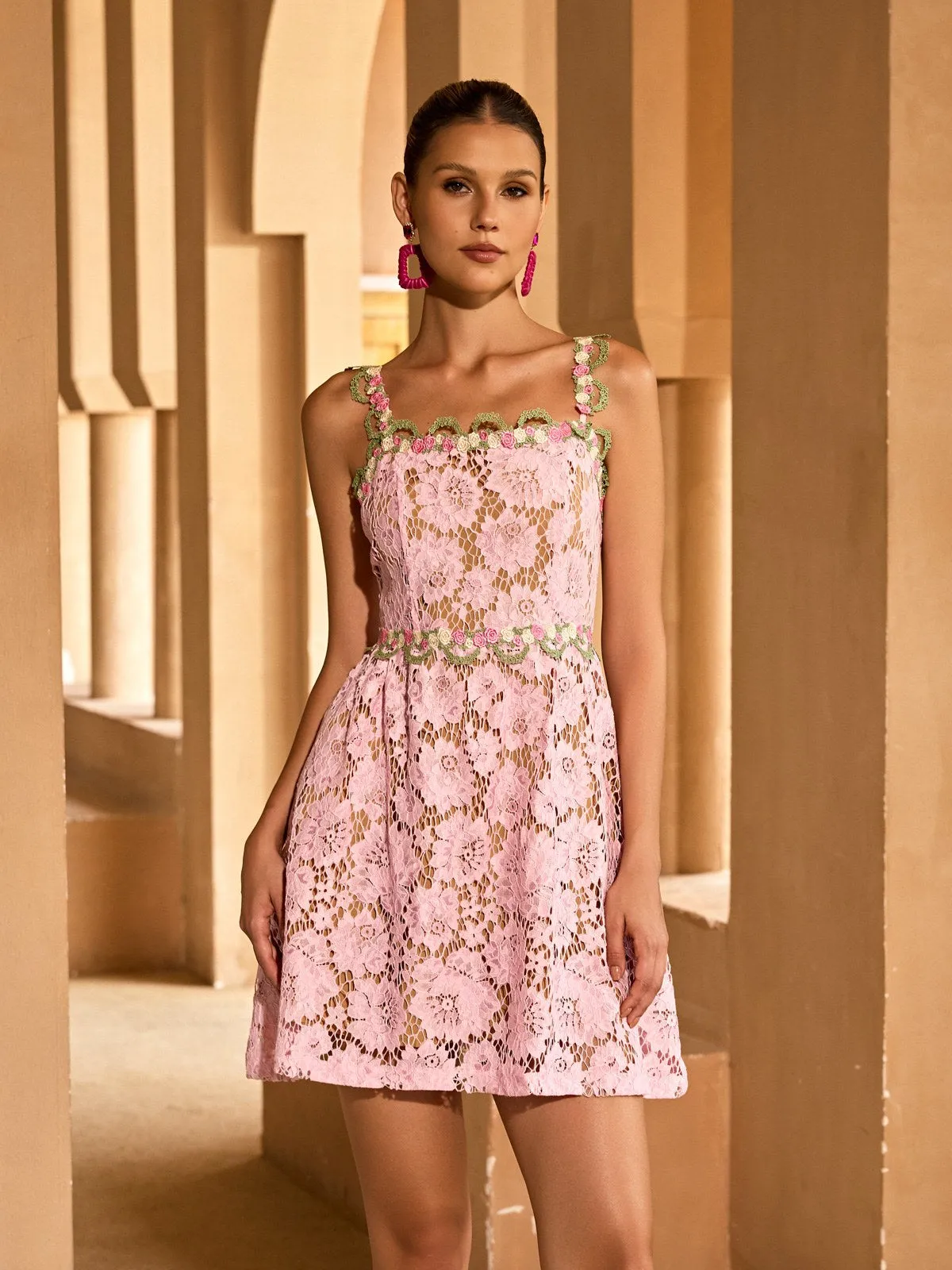 Tavon Flower Embroidered Mini Dress In Pink sold by Mew Mews product image thumbnail 5