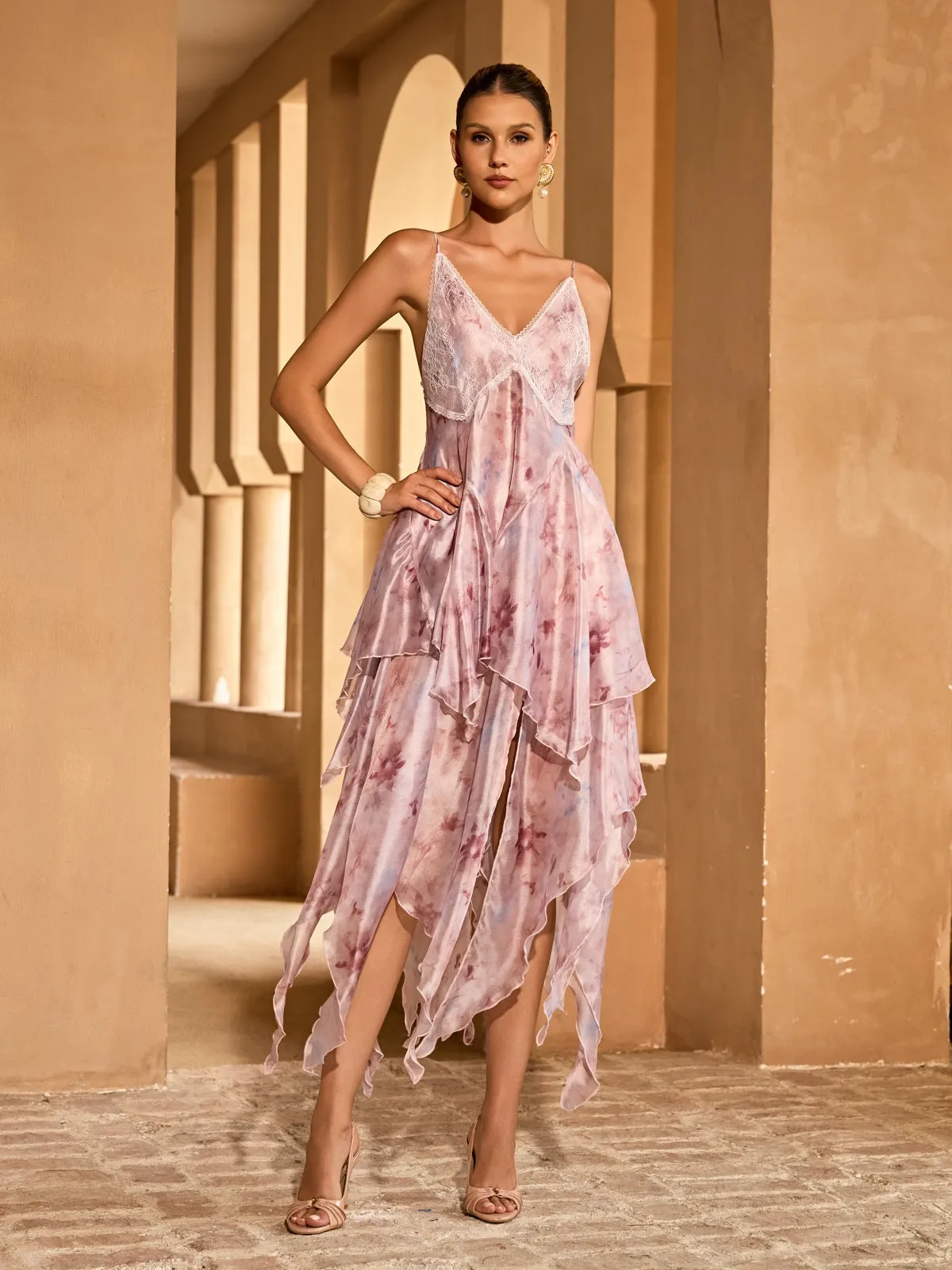 Raxon Open Back Floral Ruffle Midi Dress sold by Mew Mews