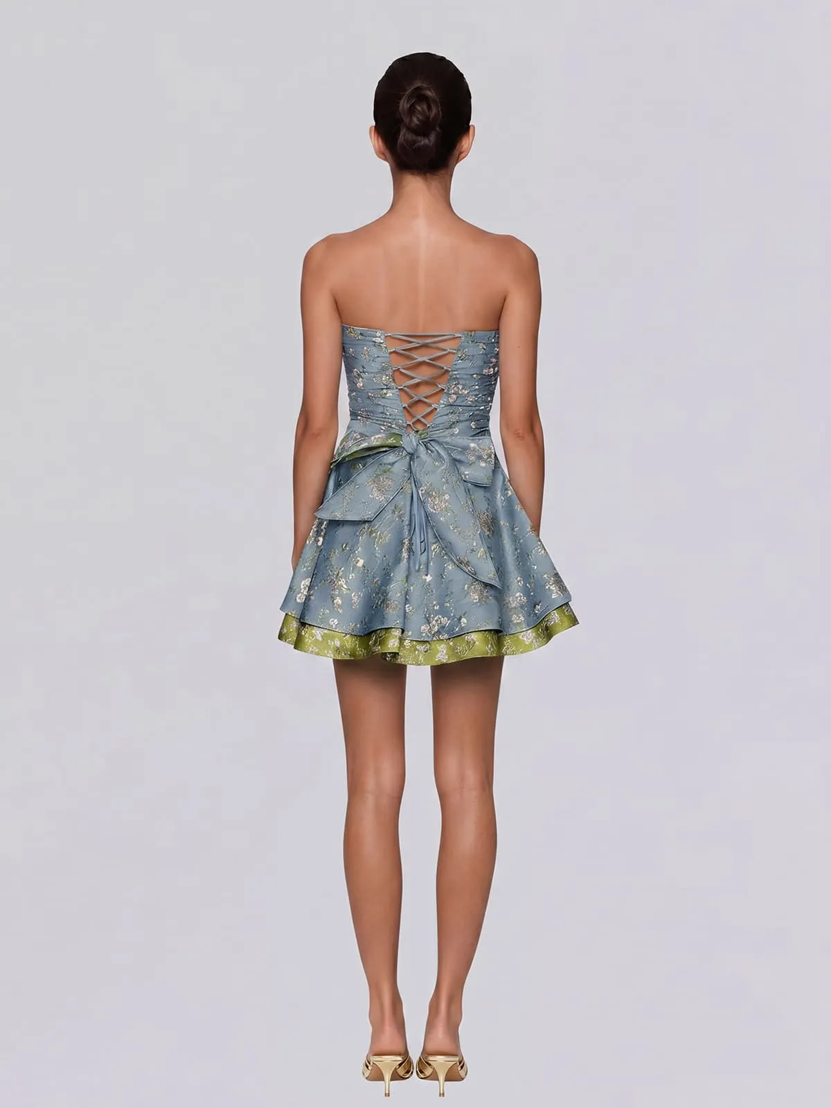 Eluvyra Strapless Floral Lace Up Mini Dress sold by Mew Mews product image thumbnail 3
