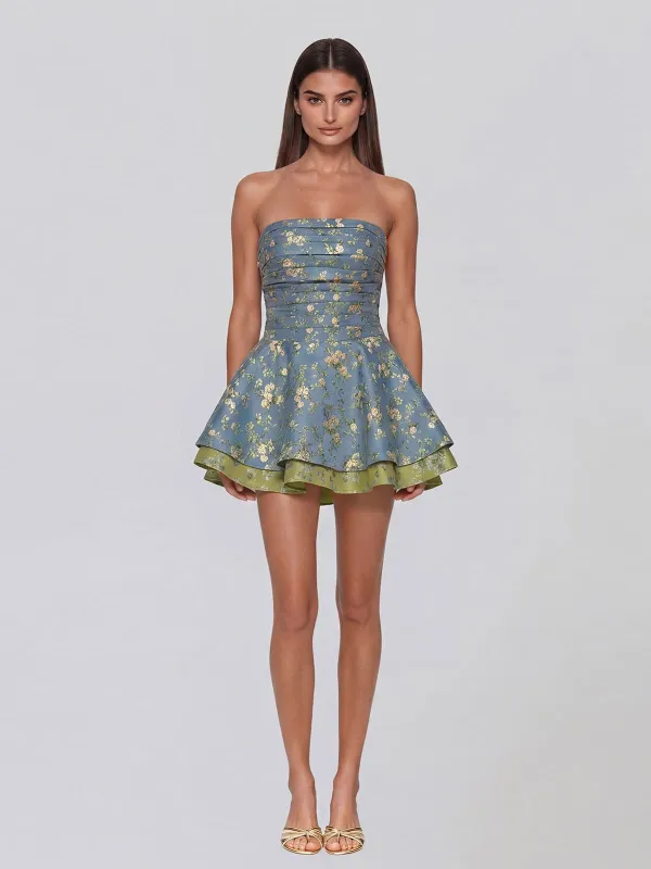 Eluvyra Strapless Floral Lace Up Mini Dress made by Mew Mews