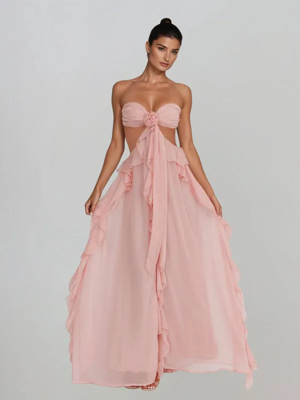 Fyntrix Strapless Ruffle Maxi Dress In Pink made by Mew Mews