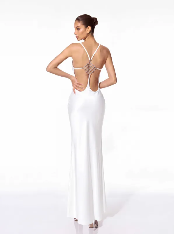 Asteron Backless Satin Maxi Dress In White made by Mew Mews