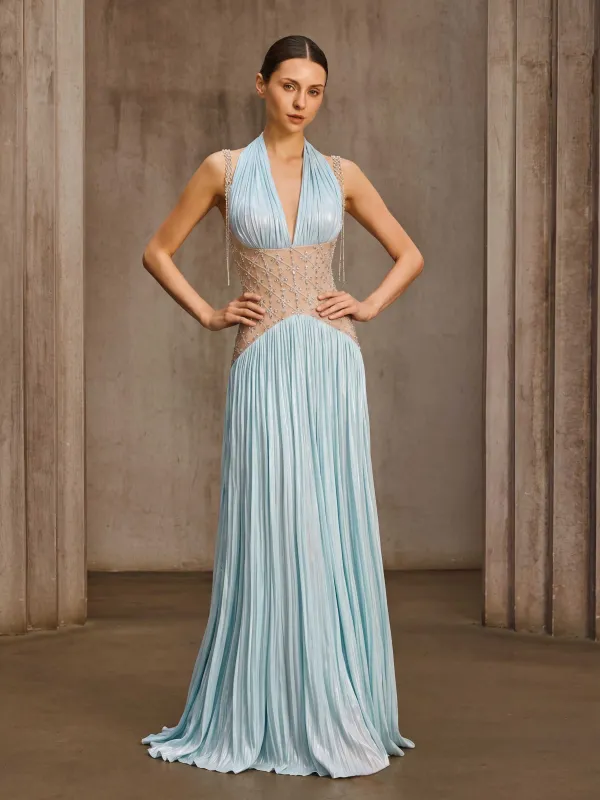 Delvion Halterneck Rhinestone Pleated Maxi Dress made by Mew Mews