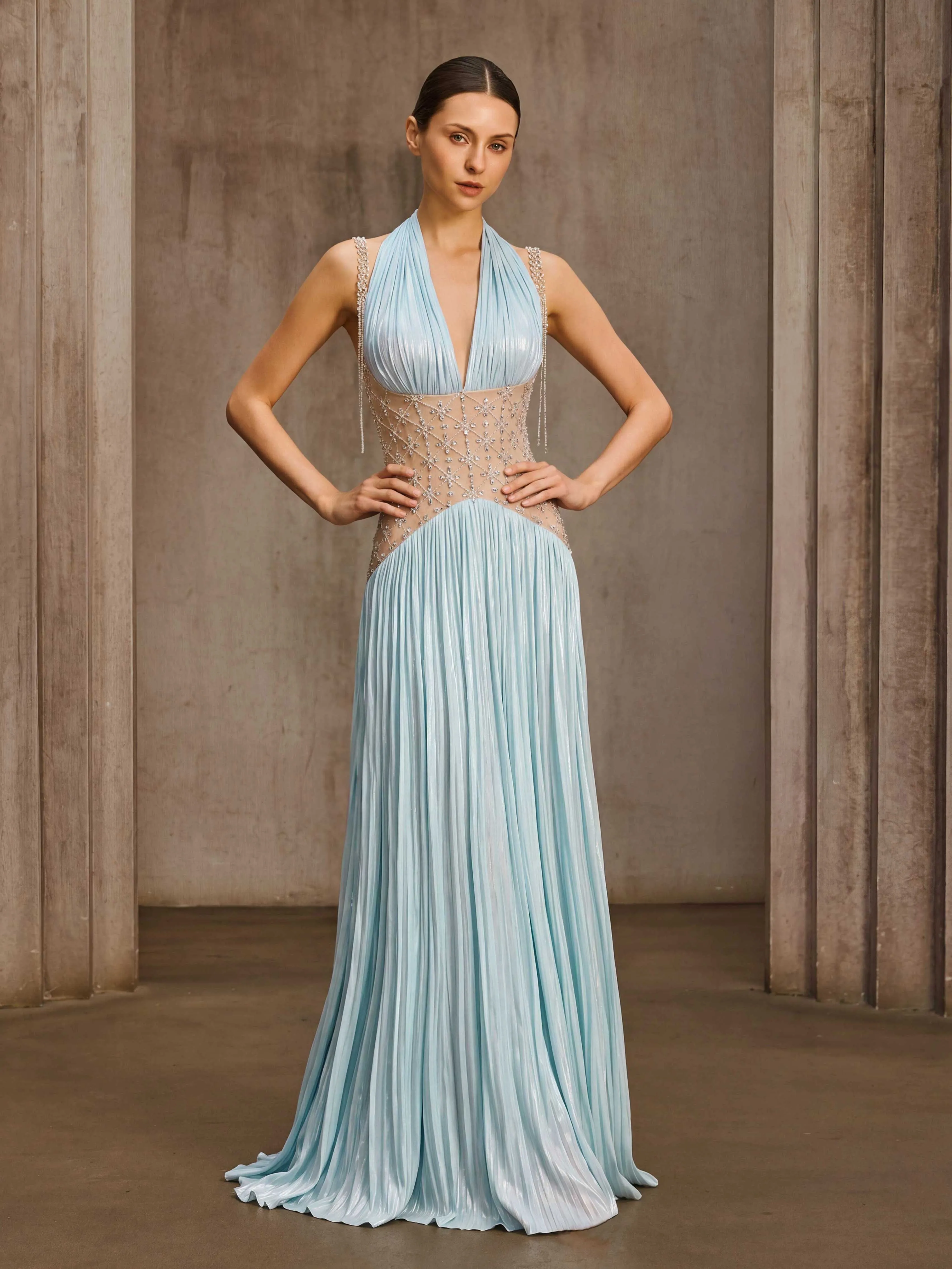 Delvion Halterneck Rhinestone Pleated Maxi Dress sold by Mew Mews