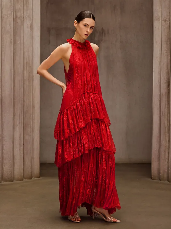 Dyan Halterneck Tulle Maxi Dress In Red made by Mew Mews