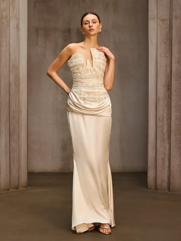 Nyrionyx Strapless Lace Draped Maxi Dress made by Mew Mews
