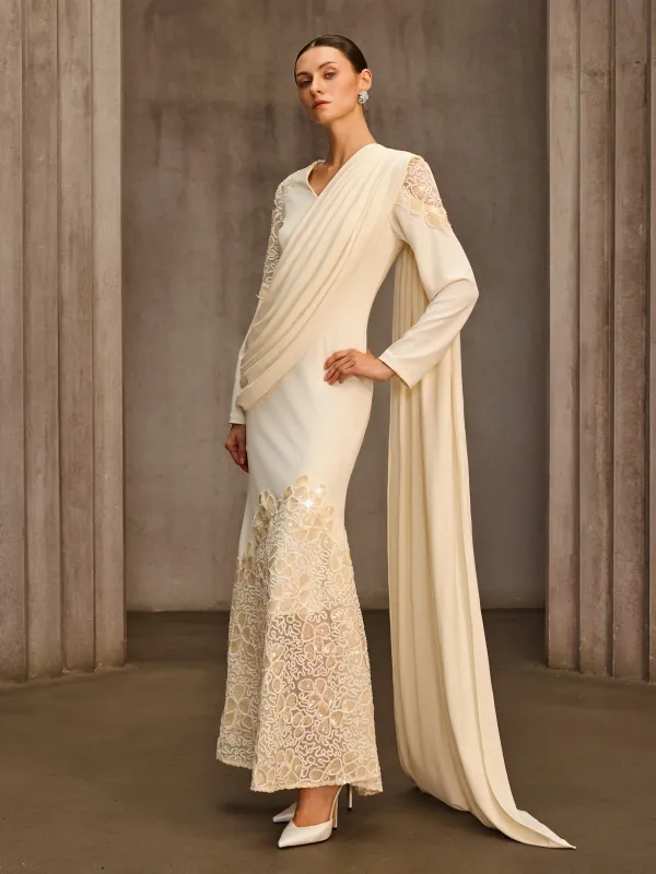 Noxavelle V Neck Draped Sequin Maxi Dress made by Mew Mews