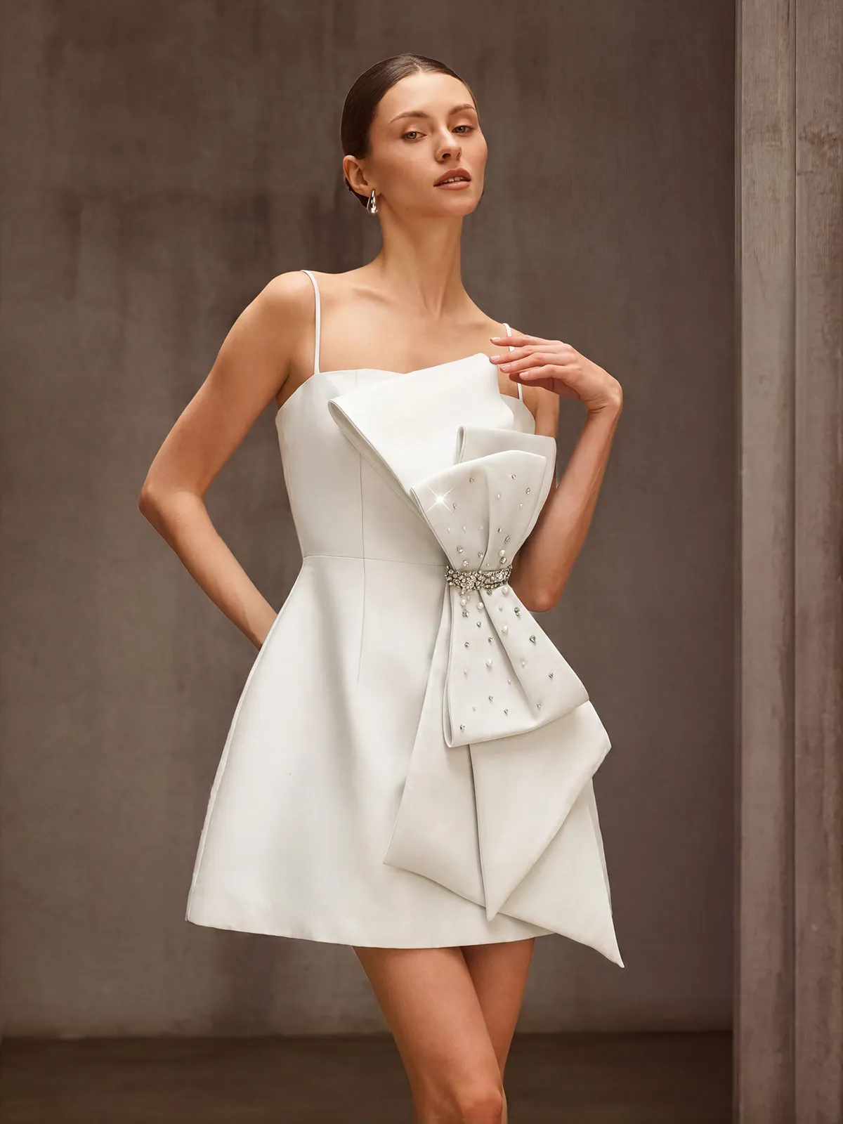 Dracen Spaghetti Bow Rhinestone Mini Dress In White sold by Mew Mews product image thumbnail 4