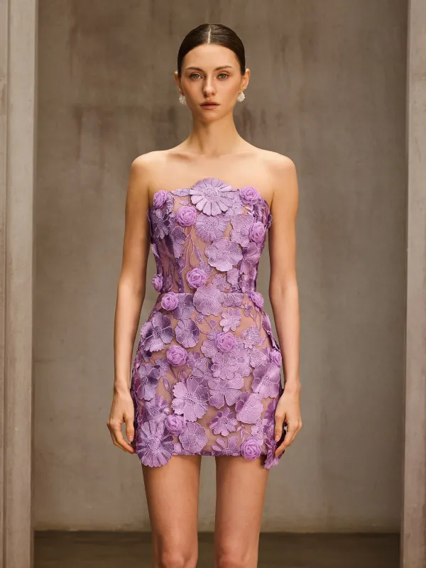 Danielle Strapless Flower Embroidered Mini Dress In Purple made by Mew Mews