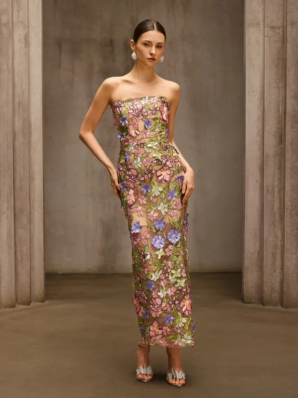 Eldrith Strapless Floral Embroidered Maxi Dress made by Mew Mews