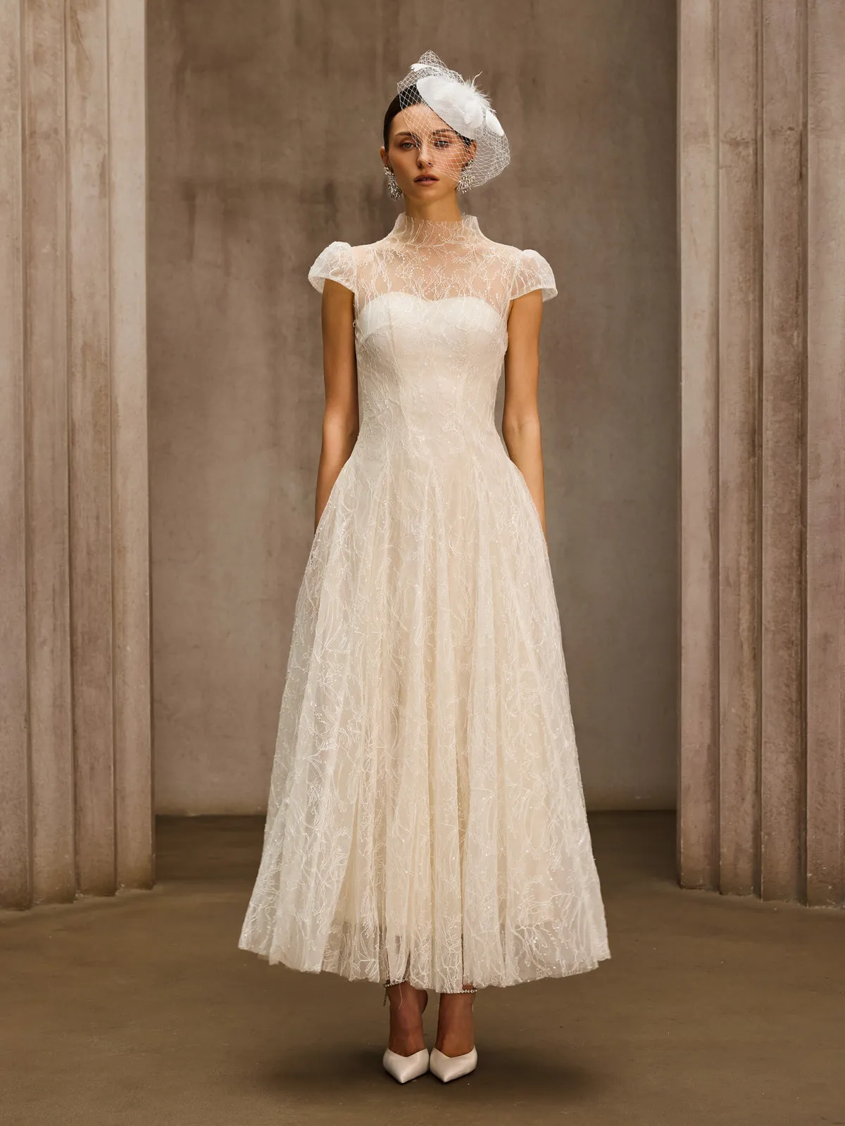 Dyzma Sequin Lace Midi Dress In White sold by Mew Mews product image thumbnail 3