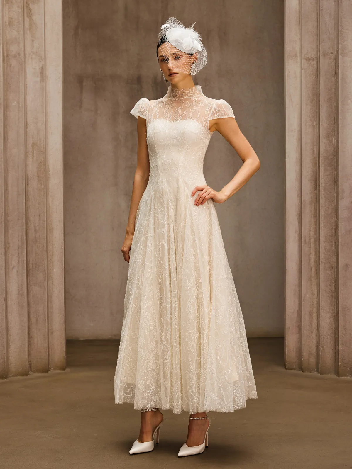 Dyzma Sequin Lace Midi Dress In White sold by Mew Mews product image thumbnail 4