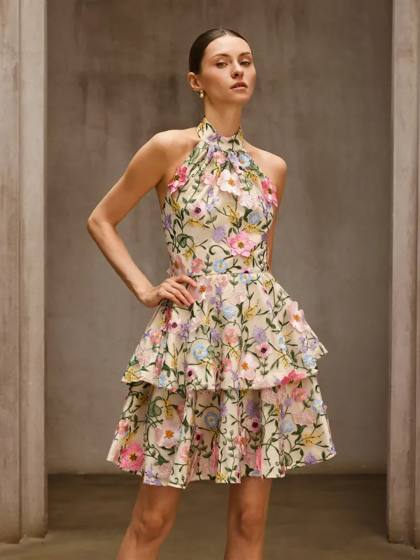 Dyllis Halterneck Flower Embroidered Mini Dress made by Mew Mews