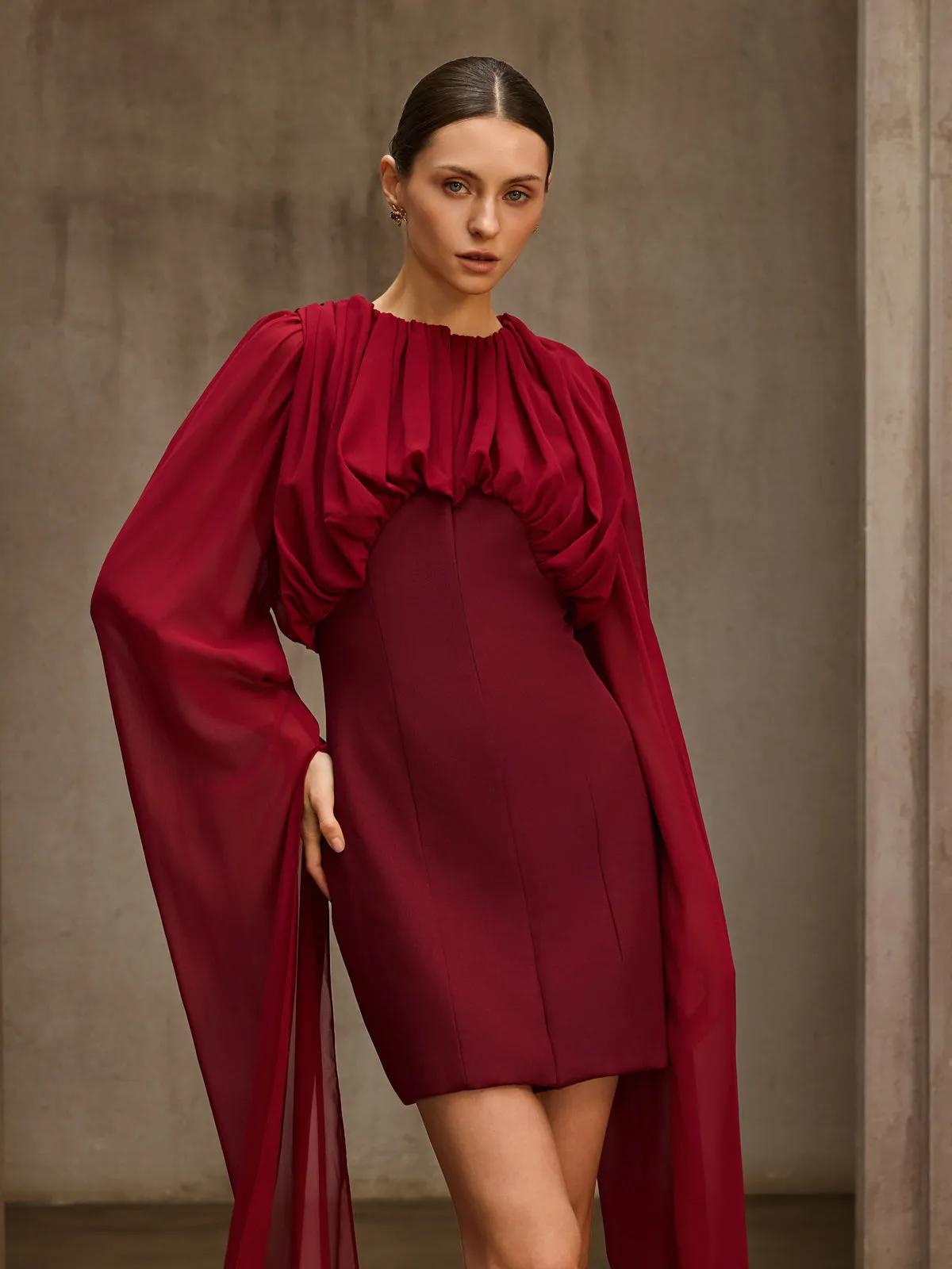 Qythera Cape Sleeve Ruched Mini Dress sold by Mew Mews product image thumbnail 5