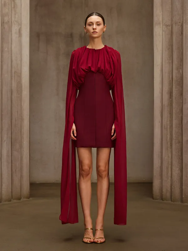 Qythera Cape Sleeve Ruched Mini Dress made by Mew Mews