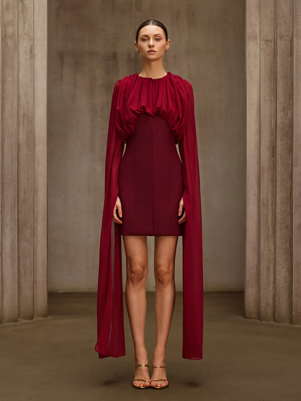 Qythera Cape Sleeve Ruched Mini Dress sold by Mew Mews