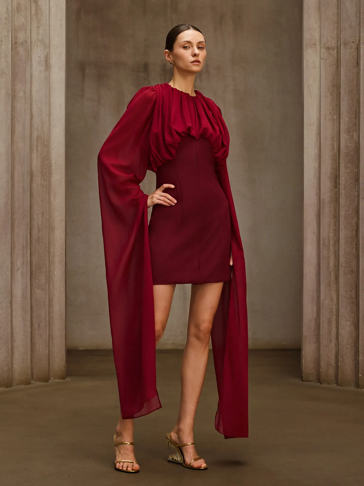 Qythera Cape Sleeve Ruched Mini Dress sold by Mew Mews product image thumbnail 3