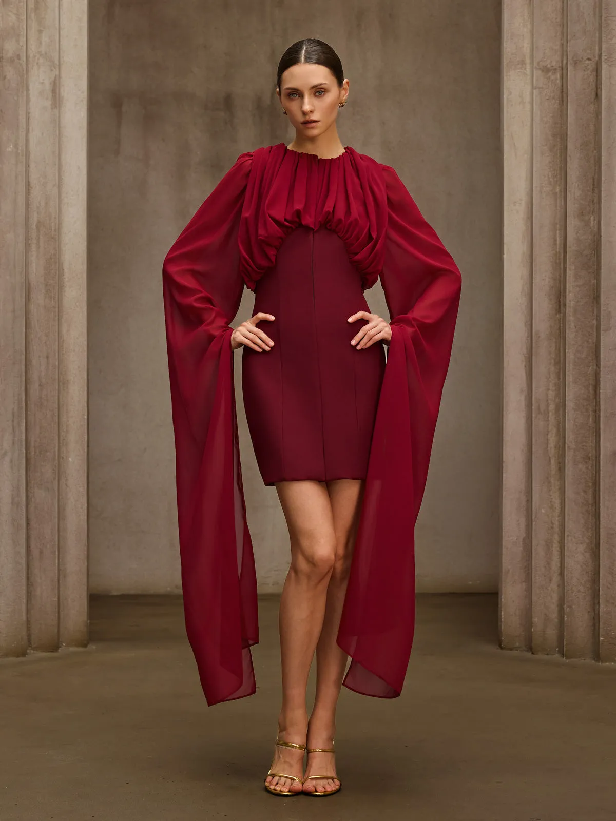 Qythera Cape Sleeve Ruched Mini Dress sold by Mew Mews product image thumbnail 2