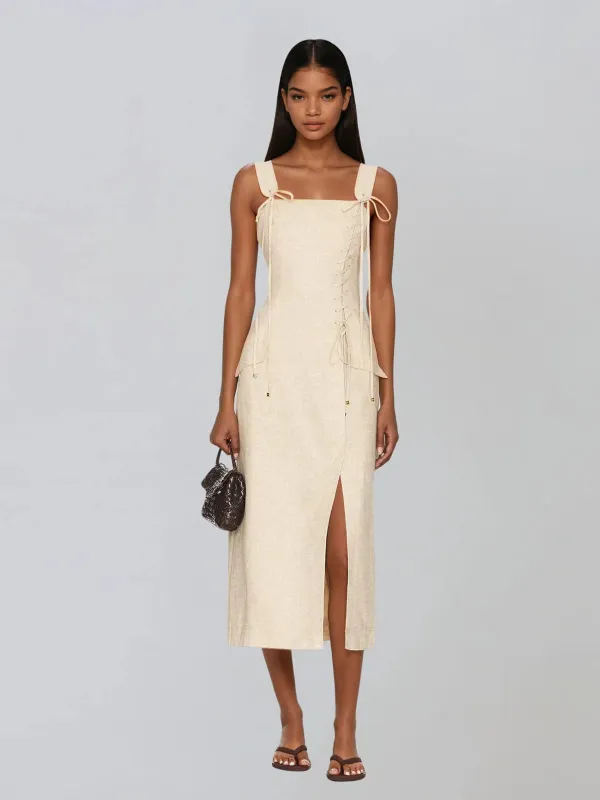Aulvion Lace Up Split Flax Midi Dress made by Mew Mews