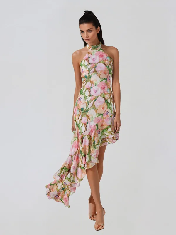 Yndralis Halterneck Floral Ruffle Midi Dress made by Mew Mews