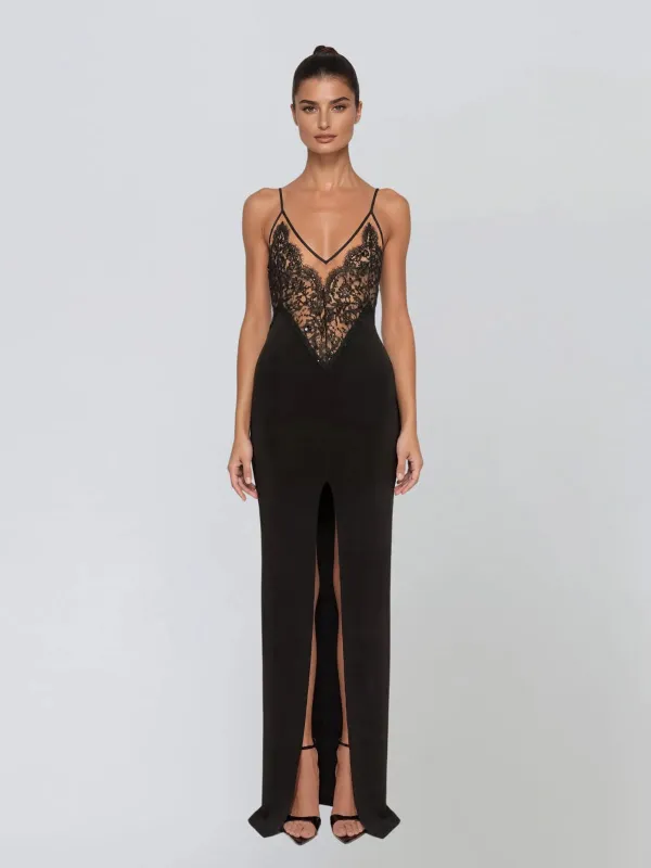 Telyxon Plunge Neck Split Lace Maxi Dress made by Mew Mews