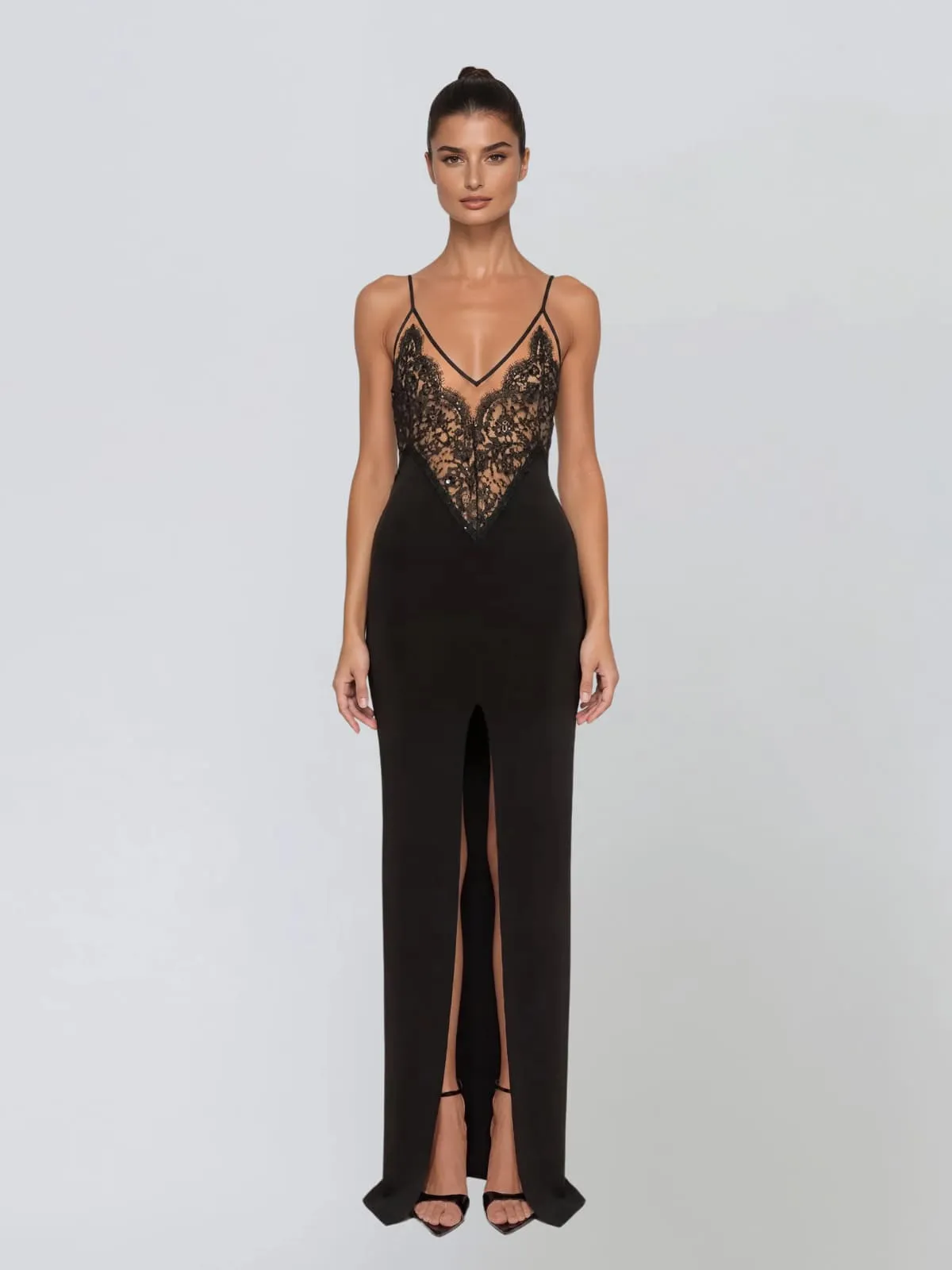 Telyxon Plunge Neck Split Lace Maxi Dress sold by Mew Mews