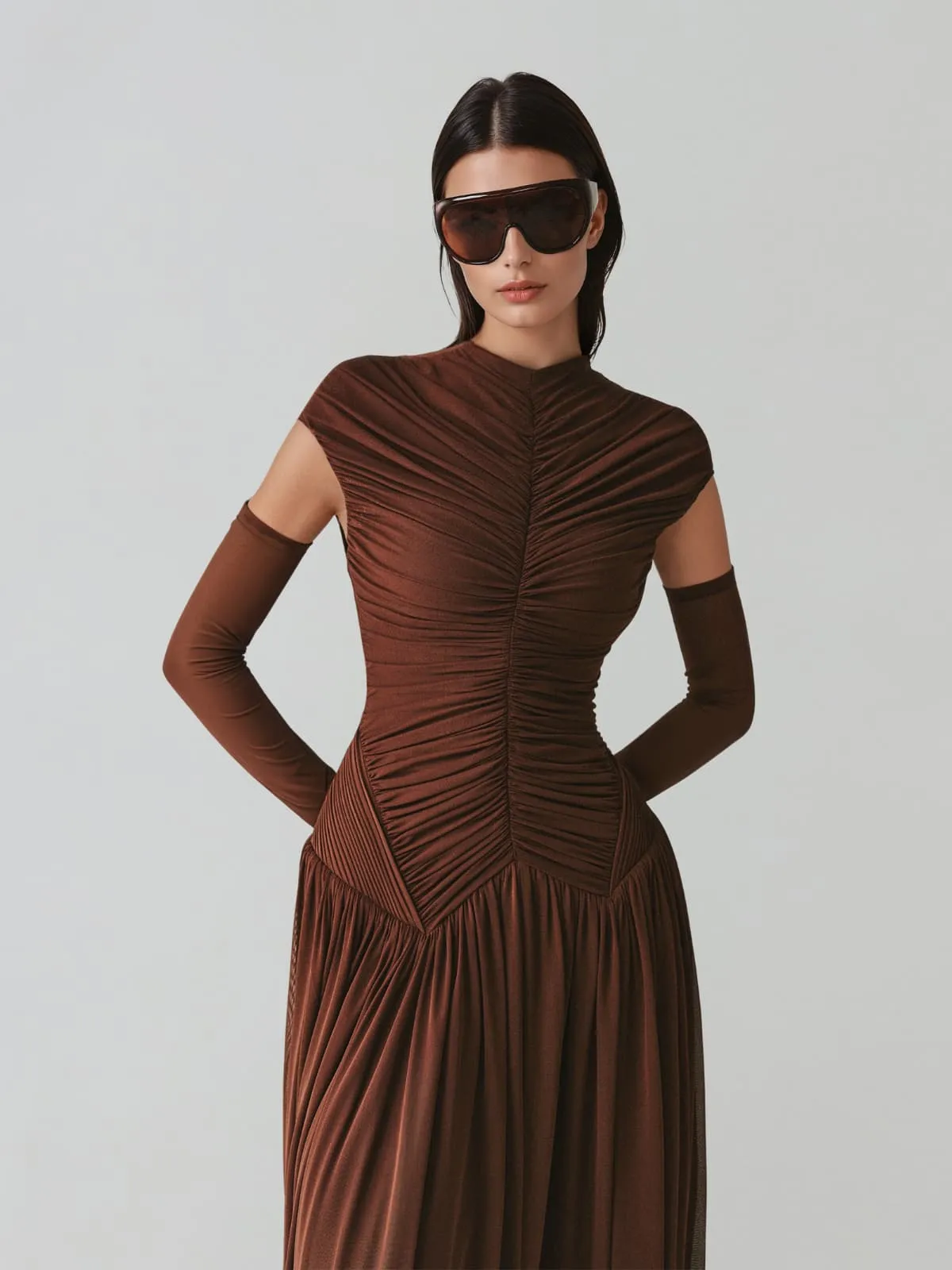 Zevionx Sleeveless Ruched Maxi Dress In Coffee sold by Mew Mews product image thumbnail 5