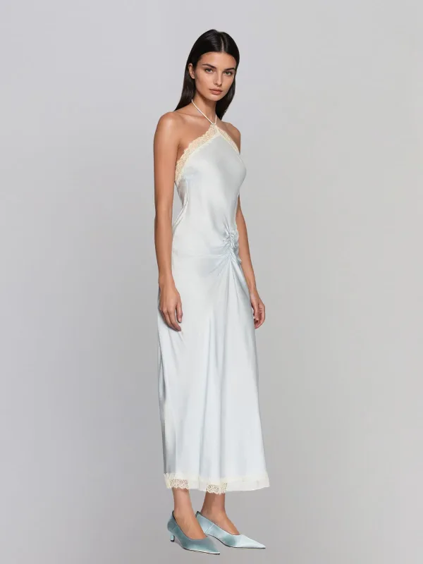 Ryndral Halterneck Lace Ruched Maxi Dress made by Mew Mews