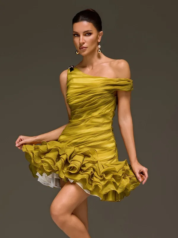 Toryrin One Shoulder Ruffle Mini Dress made by Mew Mews