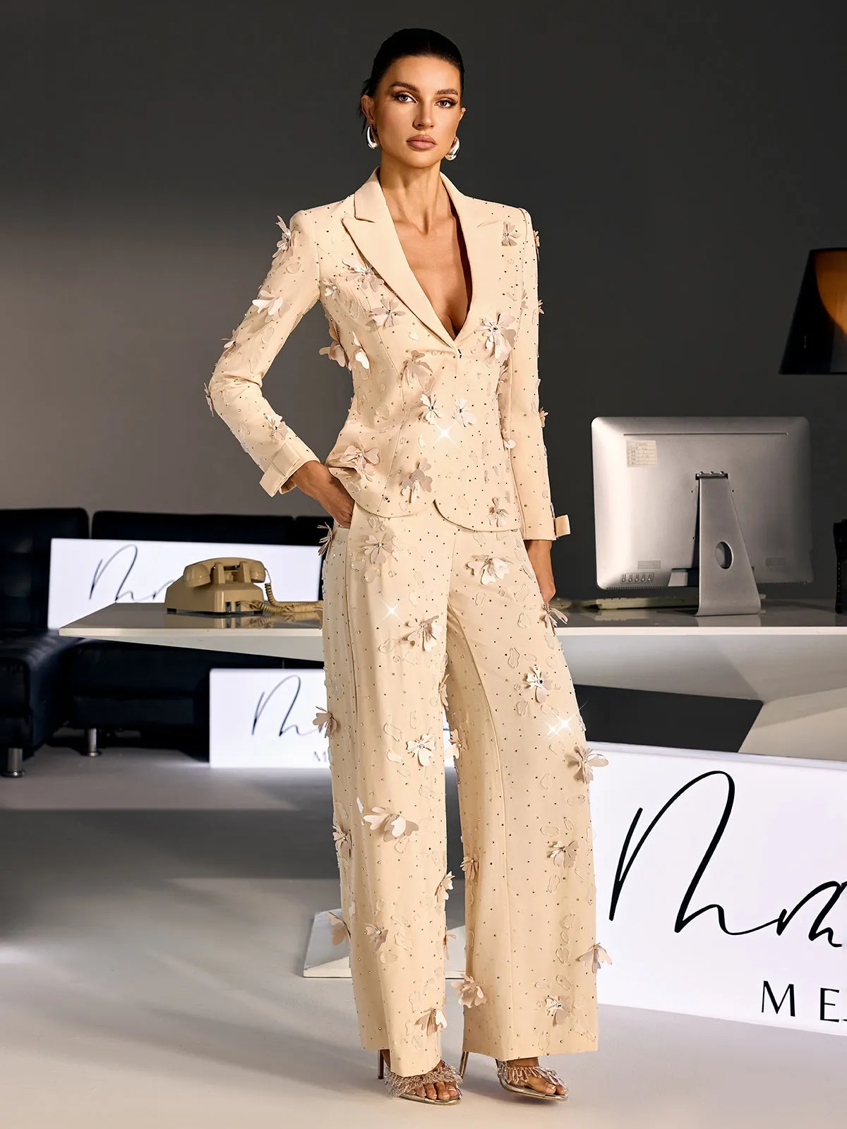 Loryndal Rhinestone Flower Blazer Pants Set sold by Mew Mews product image thumbnail 5
