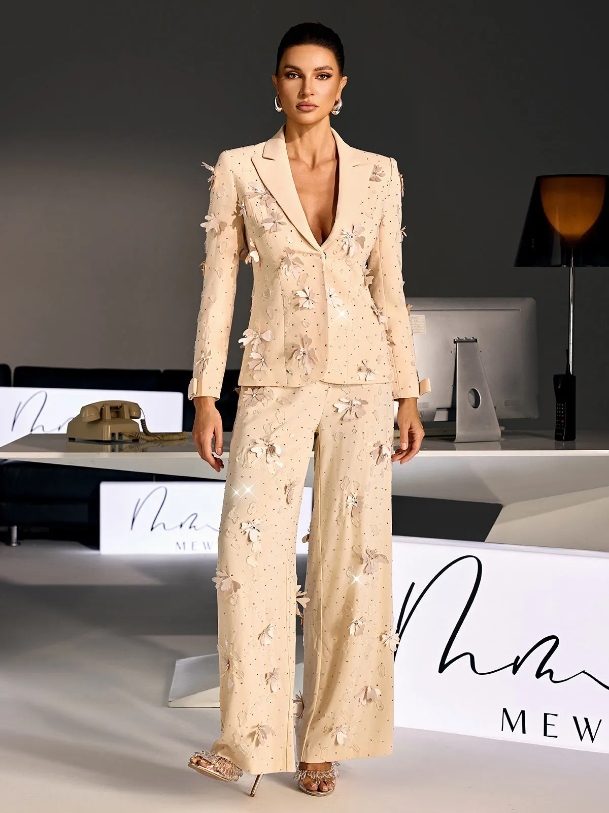 Loryndal Rhinestone Flower Blazer Pants Set sold by Mew Mews